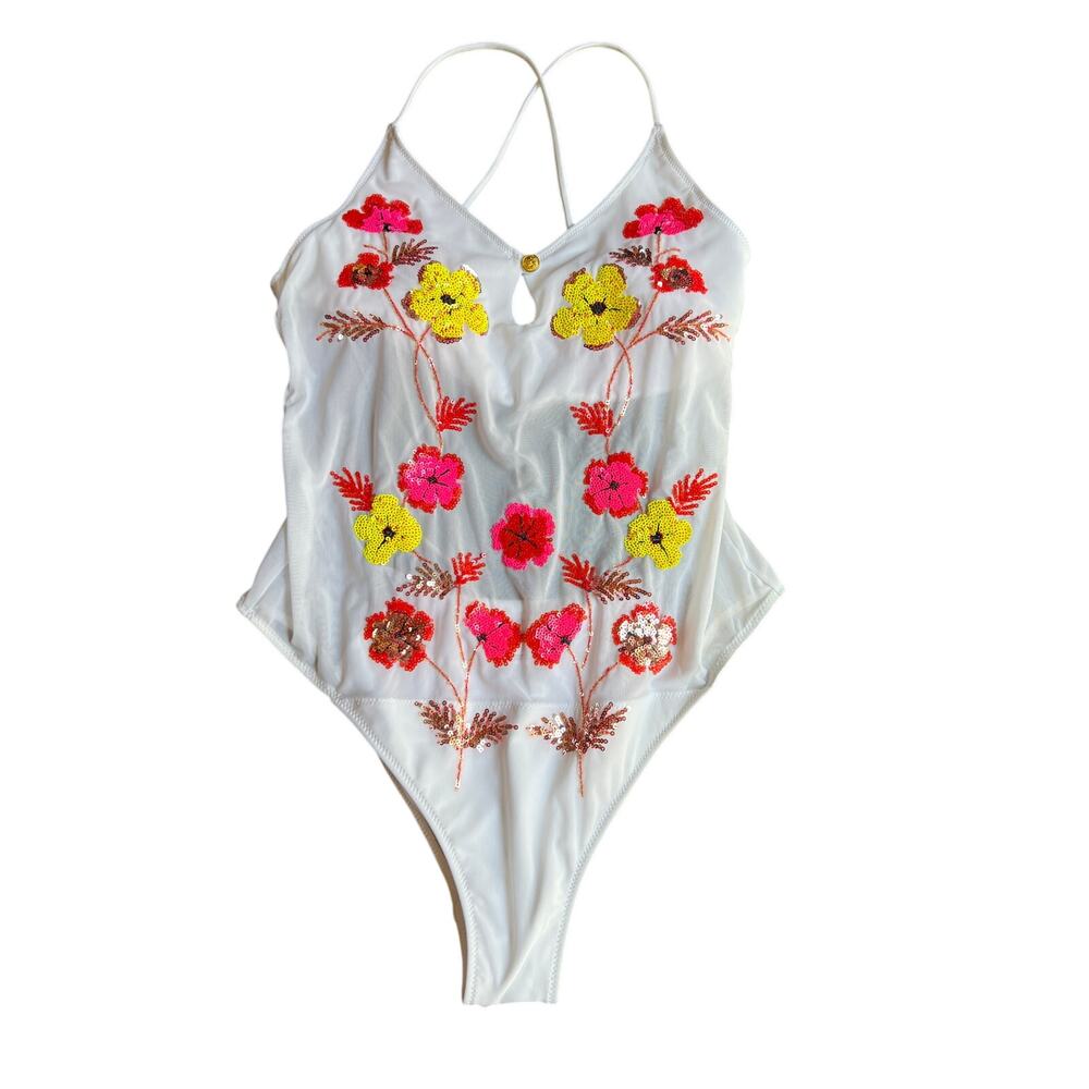 VENUS SIZE 6 WHITE SEQUIN FLORAL FRONT MESH ONE-PIECE SWIMSUIT NEW